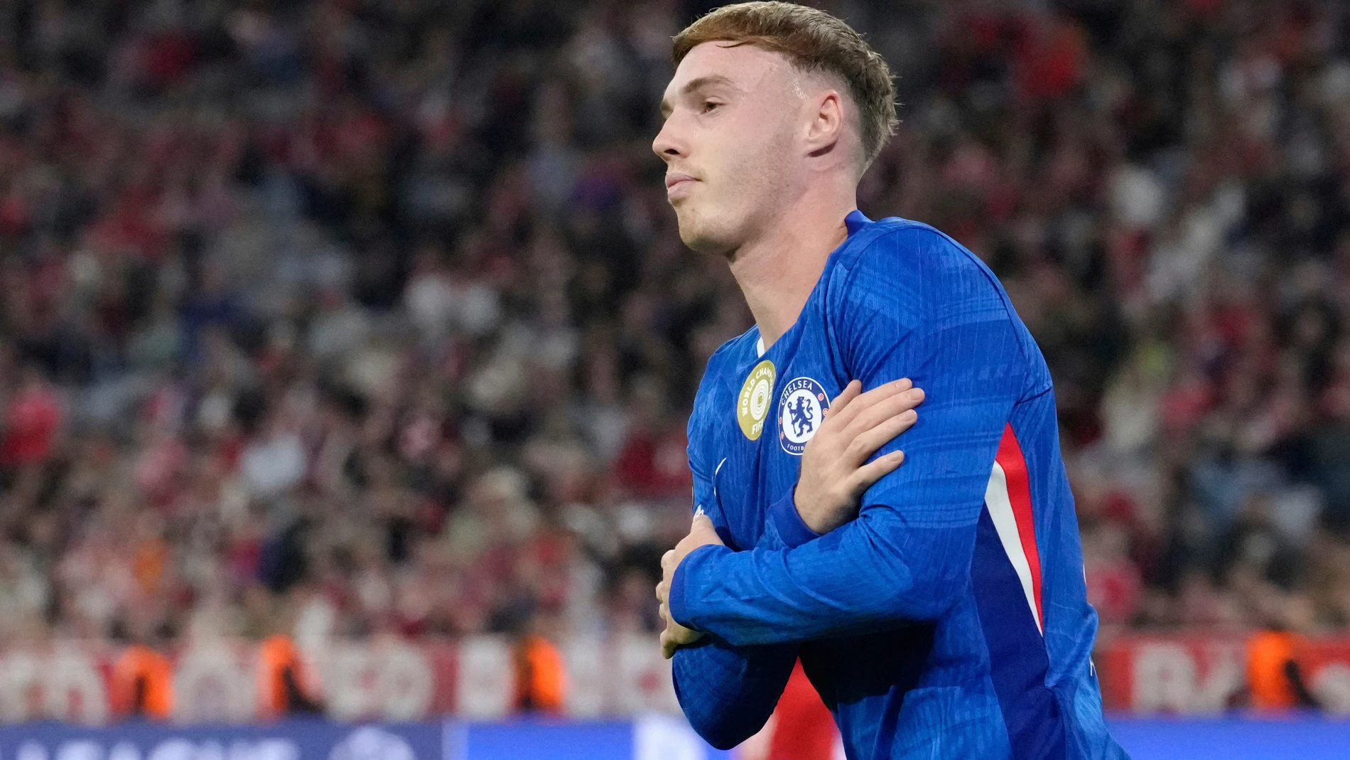 FILE - Chelsea's Cole Palmer celebrates after scoring his side's second goal before it is disallowed after a VAR review during the Champions League opening phase soccer match between FC Bayern Munich and Chelsea at the Allianz Arena in Munich, Germany, on Sept. 17, 2025. (AP Photo/Martin Meissner, File)
