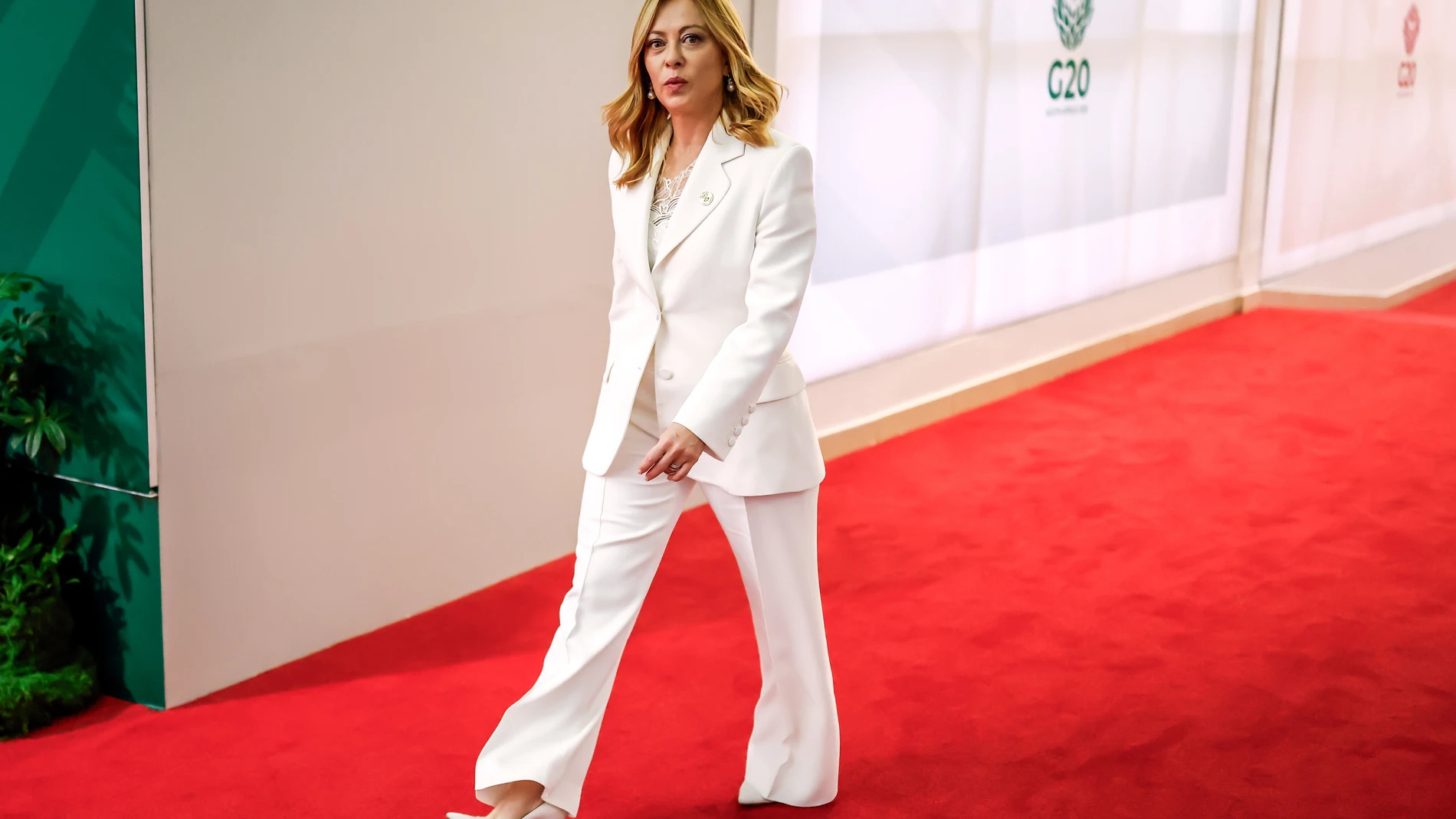 Italy's Prime Minister Giorgia Meloni arrives for the second day of the G20 Leaders' Summit, in Johannesburg, South Africa, Sunday, Nov. 23, 2025. (Marco Longari/Pool Photo via AP)