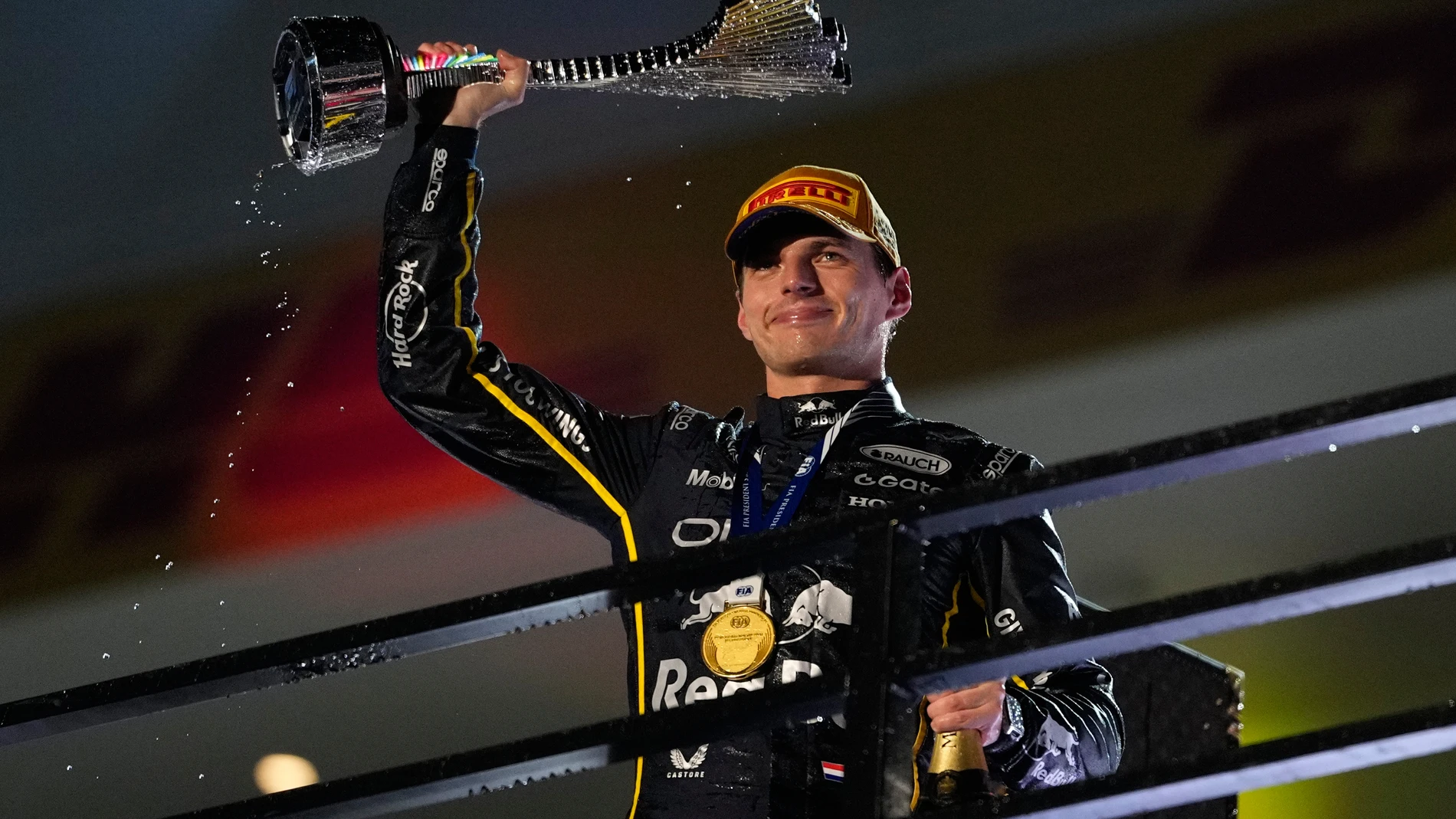 First place finisher Red Bull driver Max Verstappen of the Netherlands celebrates after the Formula One Las Vegas Grand Prix auto race, Saturday, Nov. 22, 2025 in Las Vegas. (AP Photo/John Locher)