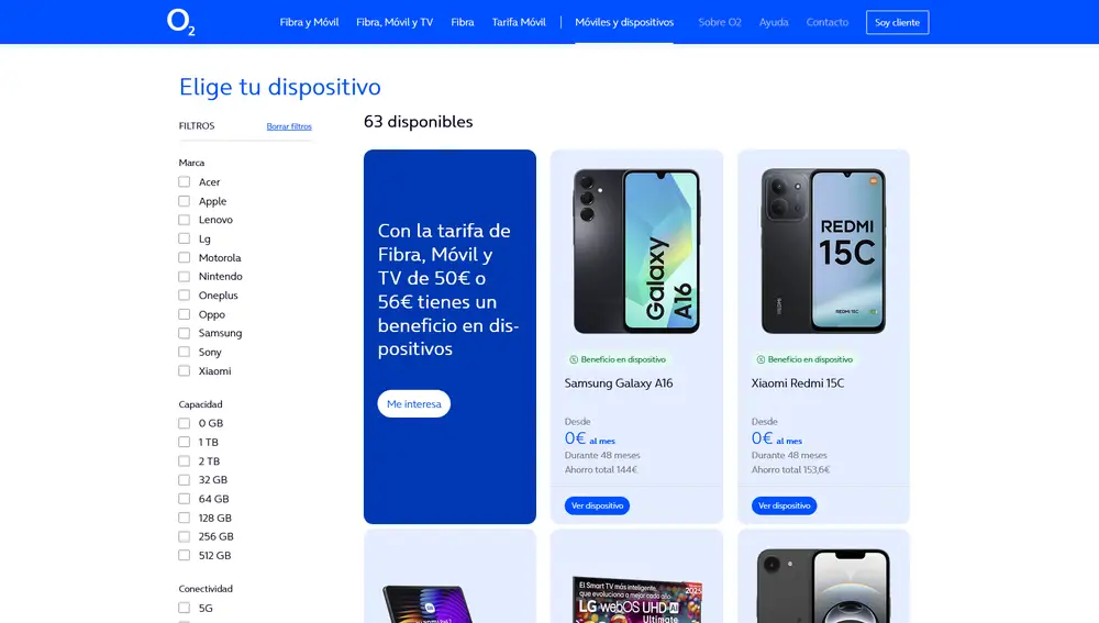 Los móviles en la web de O2