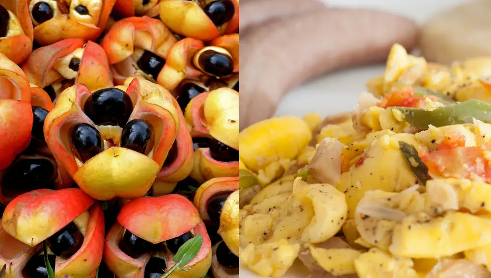 Ackee fruta ( izq.) y Akree con bacalao (drcha.)