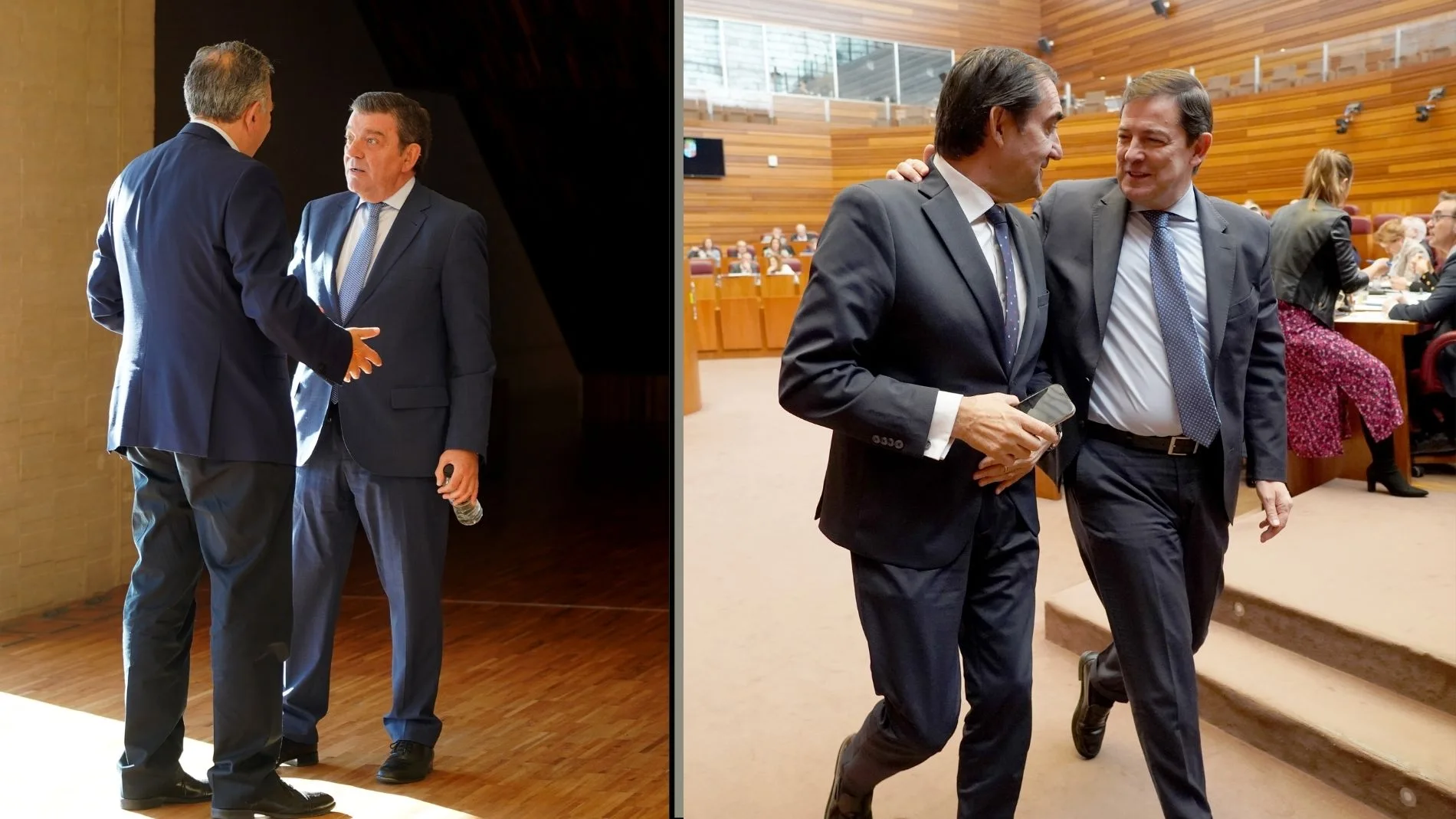 Mañueco conversa con Suárez-Quiñones tras el pleno y González Gago, en los pasillos de las Cortes