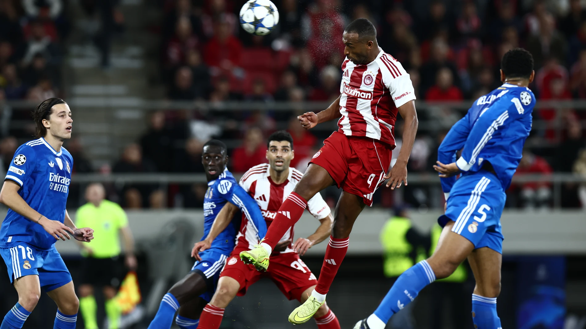 Ayoub El Kaabi of Olympiacos shoots for goal during the UEFA Champions League 2025/26 League Phase MD5 match between Olympiacos FC and Real Madrid C.F. at Stadio Georgios Karaiskakis on November 26, 2025 in Piraeus, Greece. AFP7 26/11/2025 ONLY FOR USE IN SPAIN