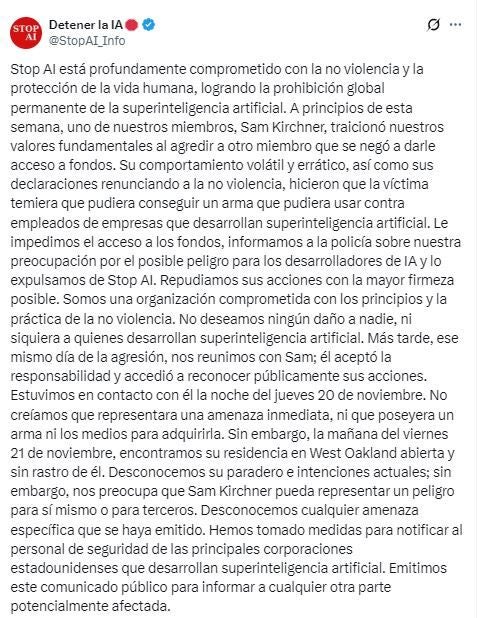 Comunicado de Stop AI vía 'X'
