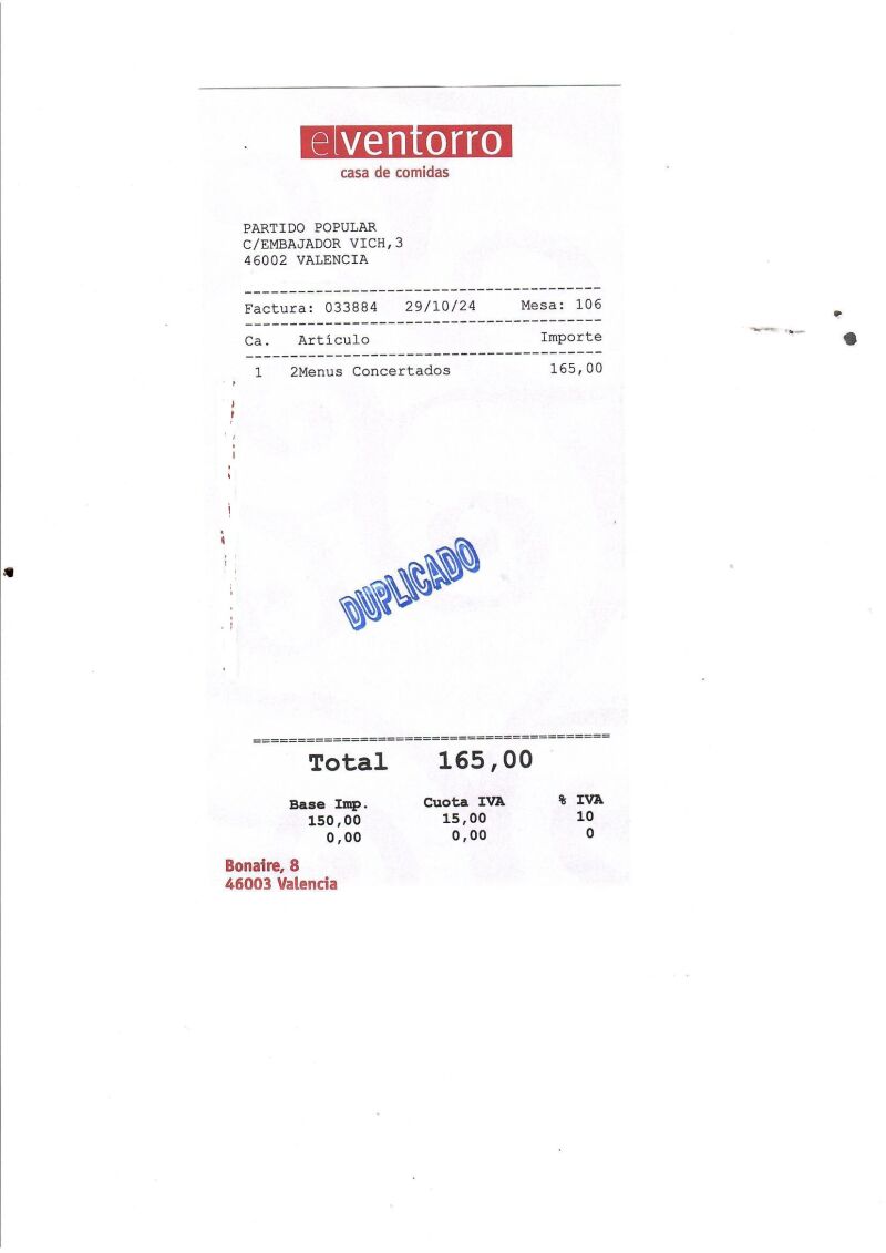 La factura de la comida entre Mazón y Vilaplana