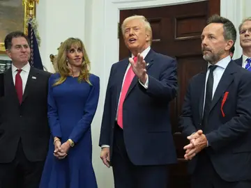 Trump President Donald Trump speaks as Michael Dell, left, his wife Susan, Brad Gerstner and Treasury Secretary Scott Bessent listen during an event on "Trump Accounts" for kids in the Roosevelt Room of the White House, Tuesday, Dec. 2, 2025, in Washington. (AP Photo/Evan Vucci)