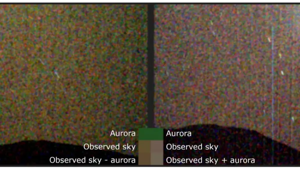 Imagen comparativa tomada por la SuperCam del rover Perseverance de la NASA. A la izquierda, el cielo bajo una aurora boreal de tonos verdes. A la derecha, el cielo sin aurora boreal.