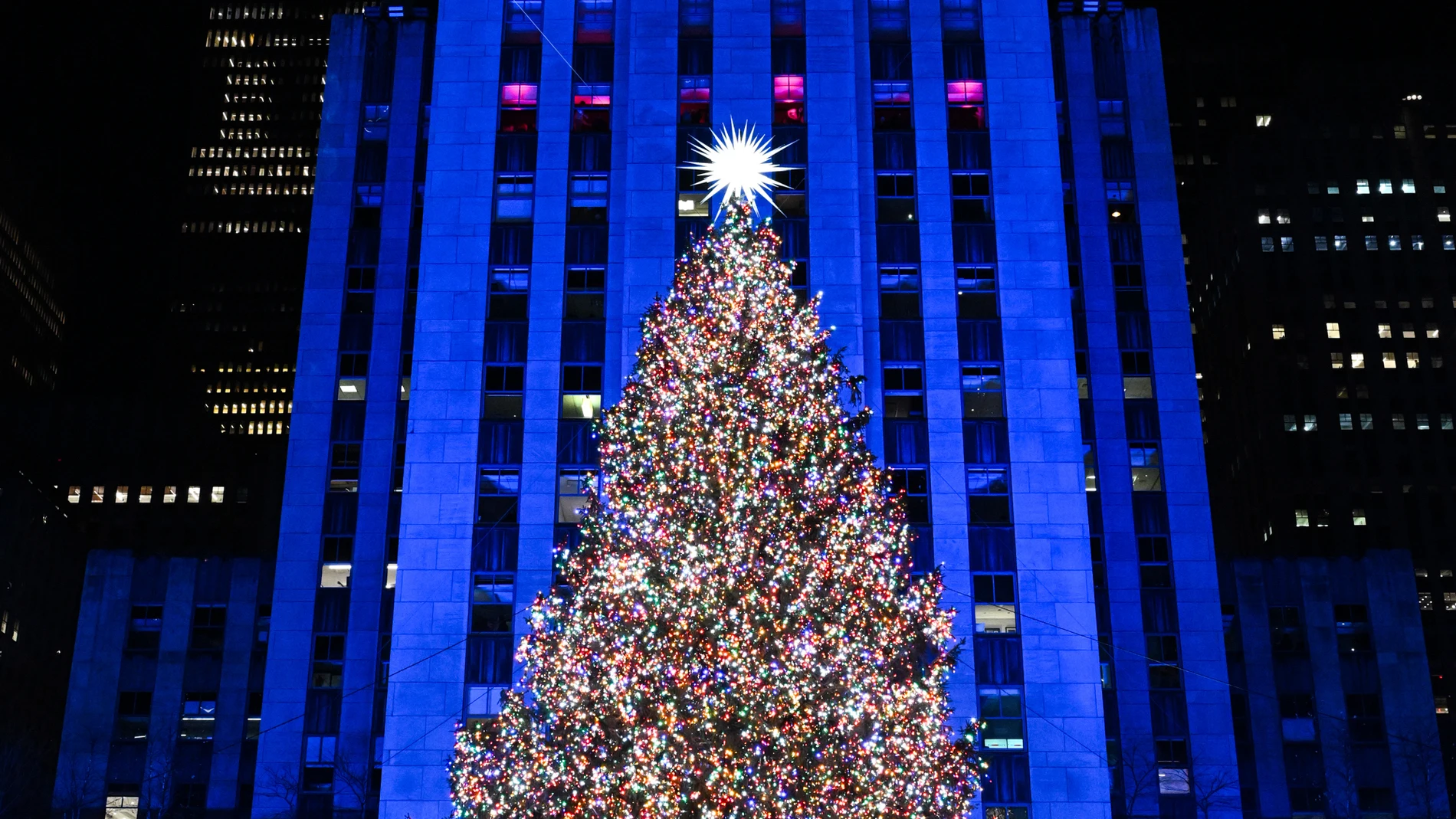 IMAGE DISTRIBUTED FOR TISHMAN SPEYER - The 2025 Rockefeller Center Christmas Tree is lit for the season on Wednesday, Dec. 3, 2025 in New York. The 75-foot tall, 11-ton Norway Spruce from East Greenbush, NY, is decorated with 57,350 multi-colored, energy-efficient LED lights and a Swarovski crystal star. (Diane Bondareff/AP Content Services for Tishman Speyer)
