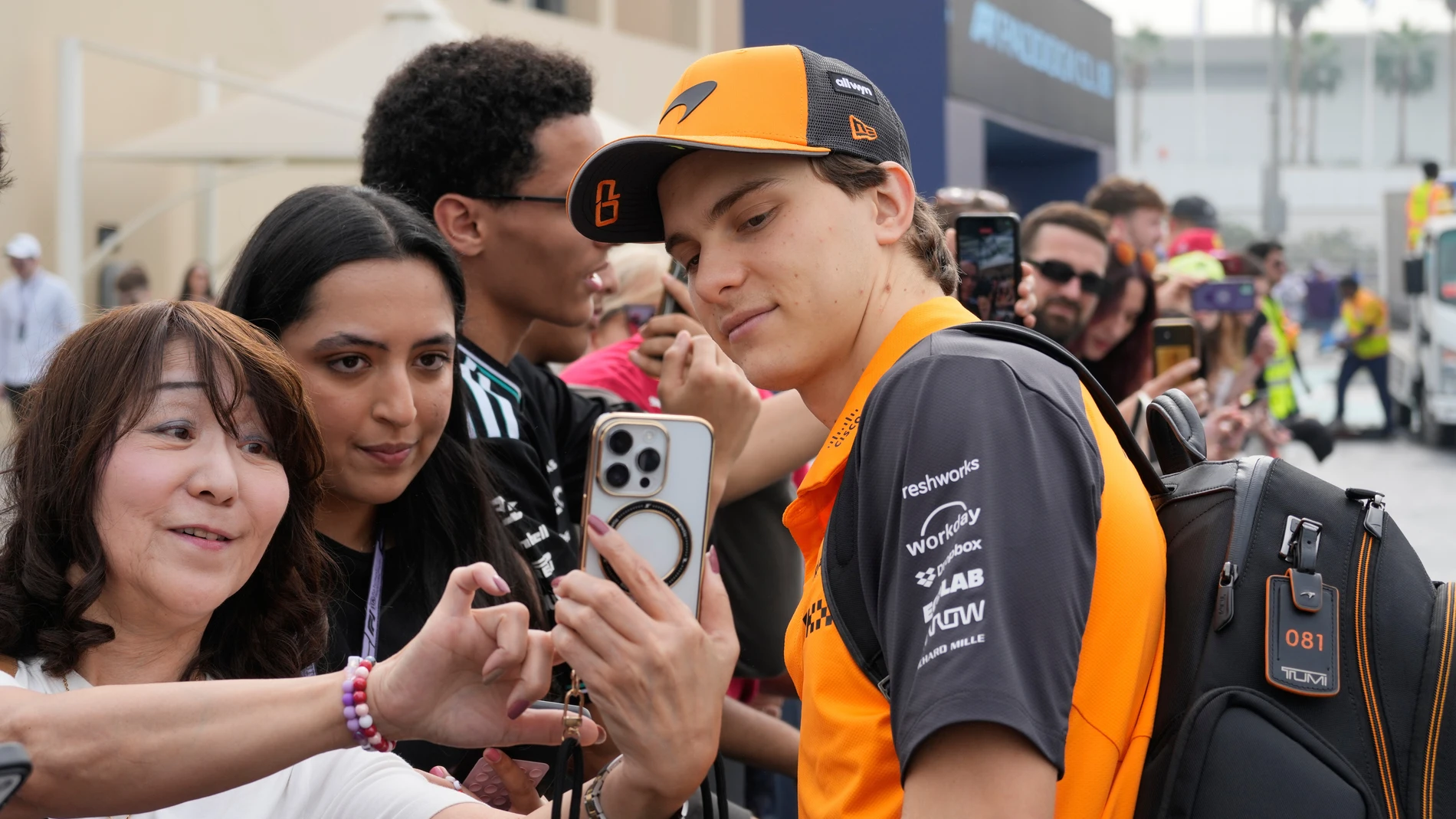McLaren driver Oscar Piastri of Australia arrives for the first practice for the he Abu Dhabi Formula One Grand Prix in Abu Dhabi, United Arab Emirates, Friday, Dec. 5, 2025. (AP Photo/Darko Bandic)