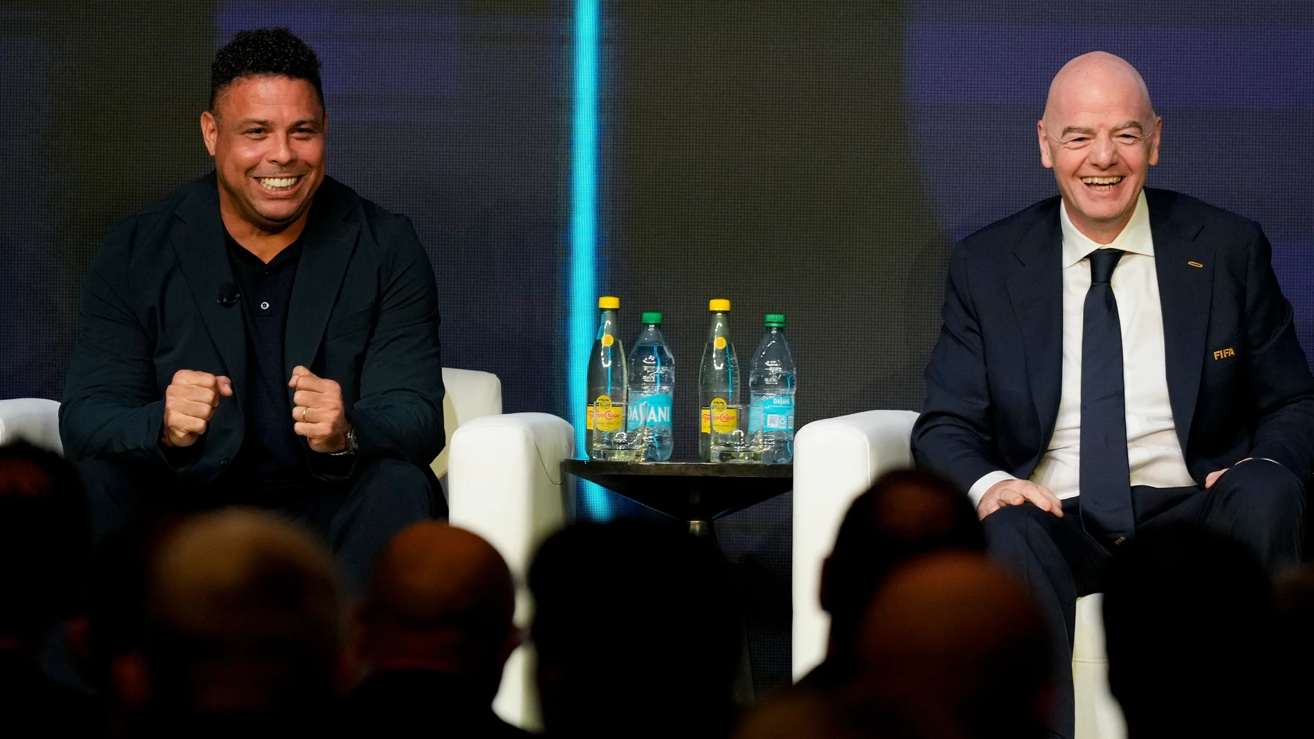 Ronaldo, left, and FIFA President Gianni Infantino laugh during the match schedule reveal for the 2026 soccer World Cup in Washington, Saturday, Dec. 6, 2025. (AP Photo/Chris Carlson)
