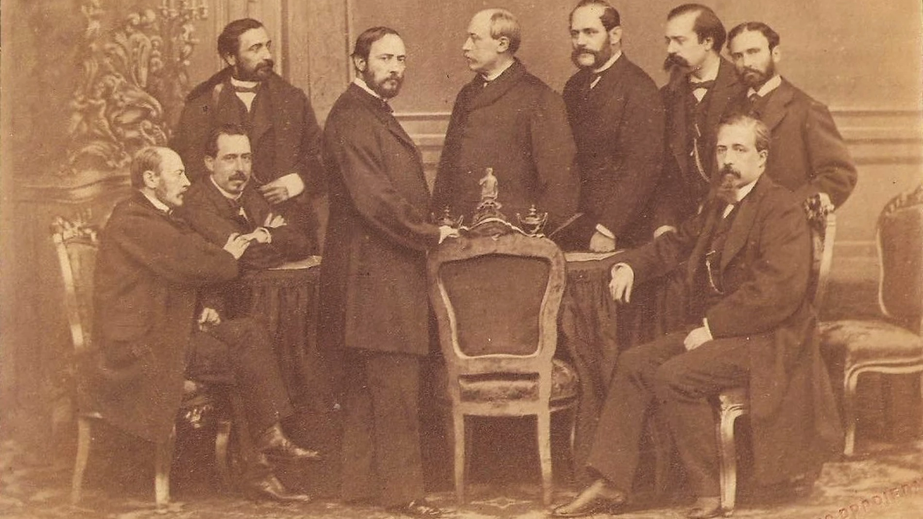 Gobierno Provisional, 1869. Desde el extremo izquierdo, Figuerola, Ruiz Zorrilla, Sagasta, Prim, Serrano, Topete, López de Ayala, Lorenzana y Romero Ortiz