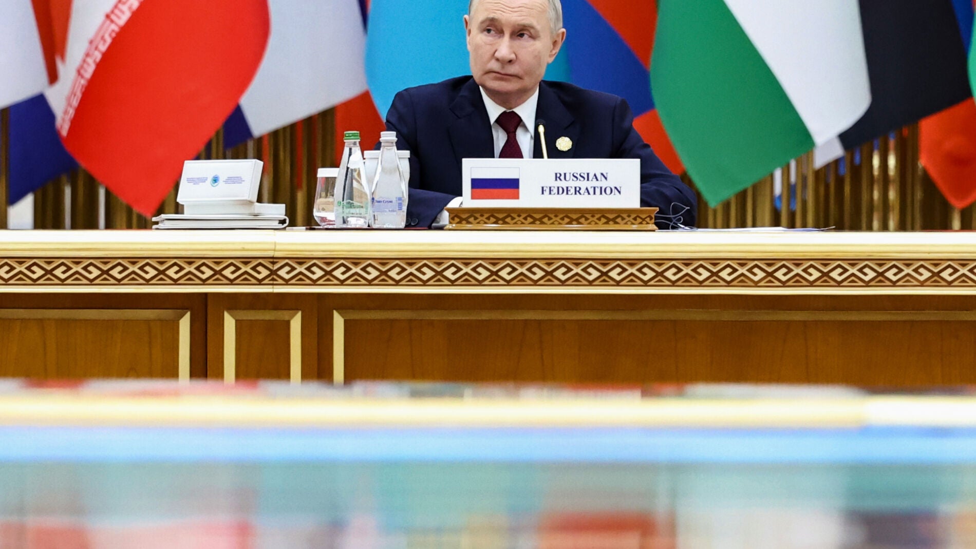 Russian President Vladimir Putin attends an international forum in Ashgabat, Turkmenistan, Friday, Dec. 12, 2025. (Alexander Kazakov/Sputnik, Kremlin Pool Photo via AP)
