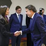 La reina Letizia, saluda al presidente de Atresmedia, Jos&eacute; Creuheras Margenat, antes de presidir la reuni&oacute;n del Patronato de la Fundaci&oacute;n fad Juventud este martes en Madrid. 