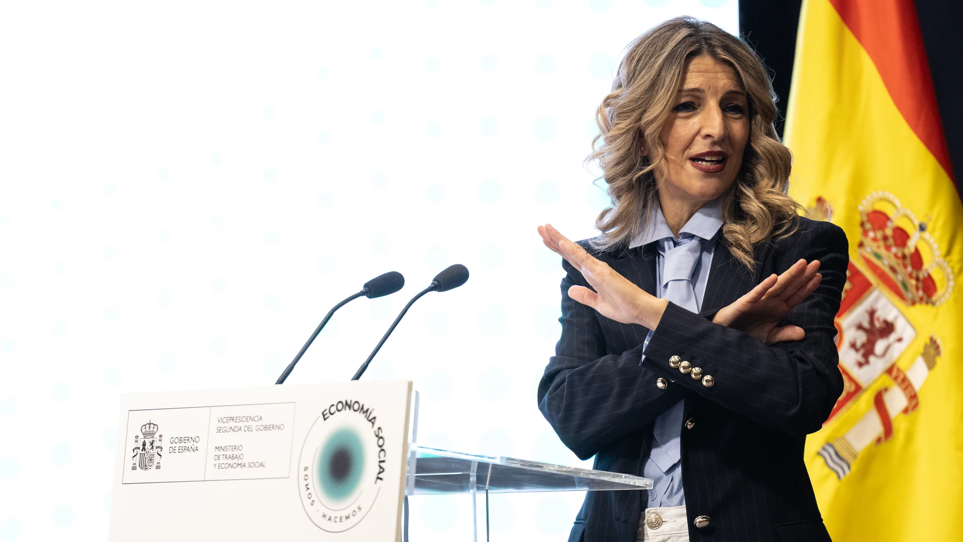 La vicepresidenta segunda y ministra de Trabajo y Economía Social, Yolanda Díaz, durante una rueda de prensa, en el Ministerio de Trabajo y Economía Social, a 19 de diciembre de 2025, en Madrid (España). Díaz ha presentado la nueva herramienta para dar mayor visibilidad a las empresas que siguen los principios y valores de la Economía Social. 19 DICIEMBRE 2025 Ananda Manjón / Europa Press 19/12/2025