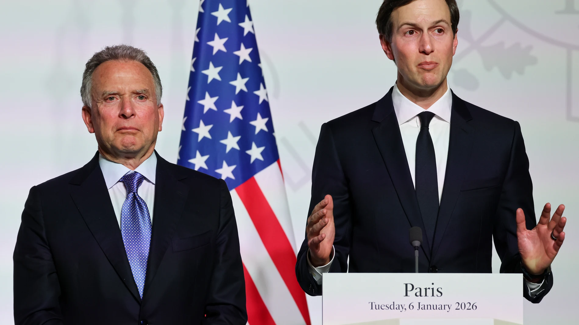 US envoy Steve Witkoff, left, and US businessman Jared Kushner attend a press conference after the signing of the declaration on deploying post-ceasefire force in Ukraine during the 'Coalition of the Willing' summit on security guarantees for Ukraine, at the Elysee Palace in Paris, Tuesday, Jan 6, 2026. (Ludovic Marin, Pool photo via AP)