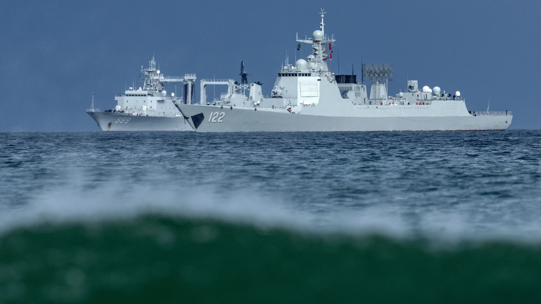 CAPE TOWN (South Africa), 06/01/2026.- Chinese People's Liberation Army (PLA) naval vessels Type 052DL guided-missile destroyer Tangshan (D122), R, and the Type 903A replenishment ship Taihu (K889), L, sail in False Bay, outside Naval Base Simonstown, Cape Town, South Africa, 06 January 2026. South Africa will host a naval exercise from 09 to 16 January 2026 together with several Chinese, Russian, and Iranian naval vessels. China will lead the exercise, titled Will for Peace, according to the...