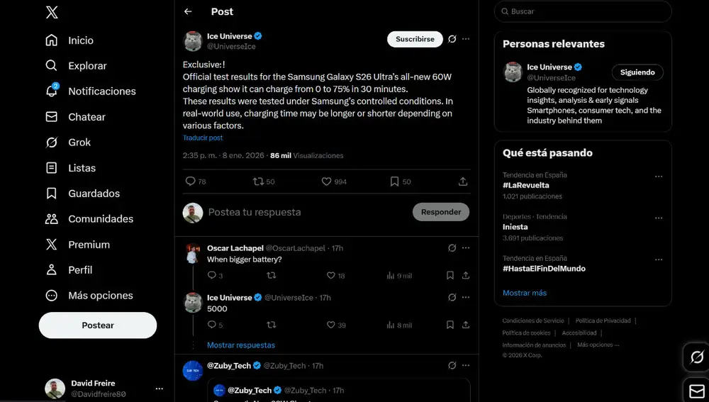 Captura de pantalla del post de Ice Universe con los tiempos de carga del nuevo Samsung Galaxy S26 Ultra
