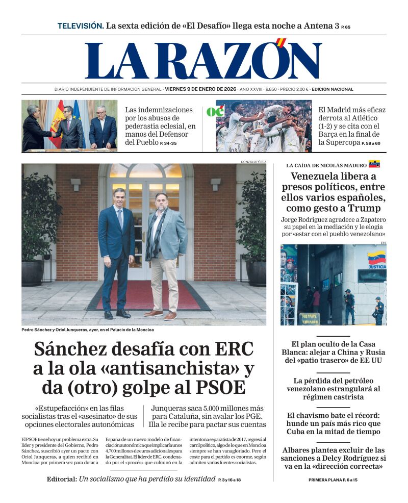 Portada de LA RAZÓN de este viernes 9 de enero de 2026