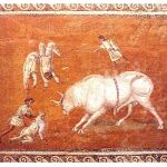 Mosaico de villa Selene, en Leptis Magna, Libia, del siglo II, donde se ve una escena de tauromaquia