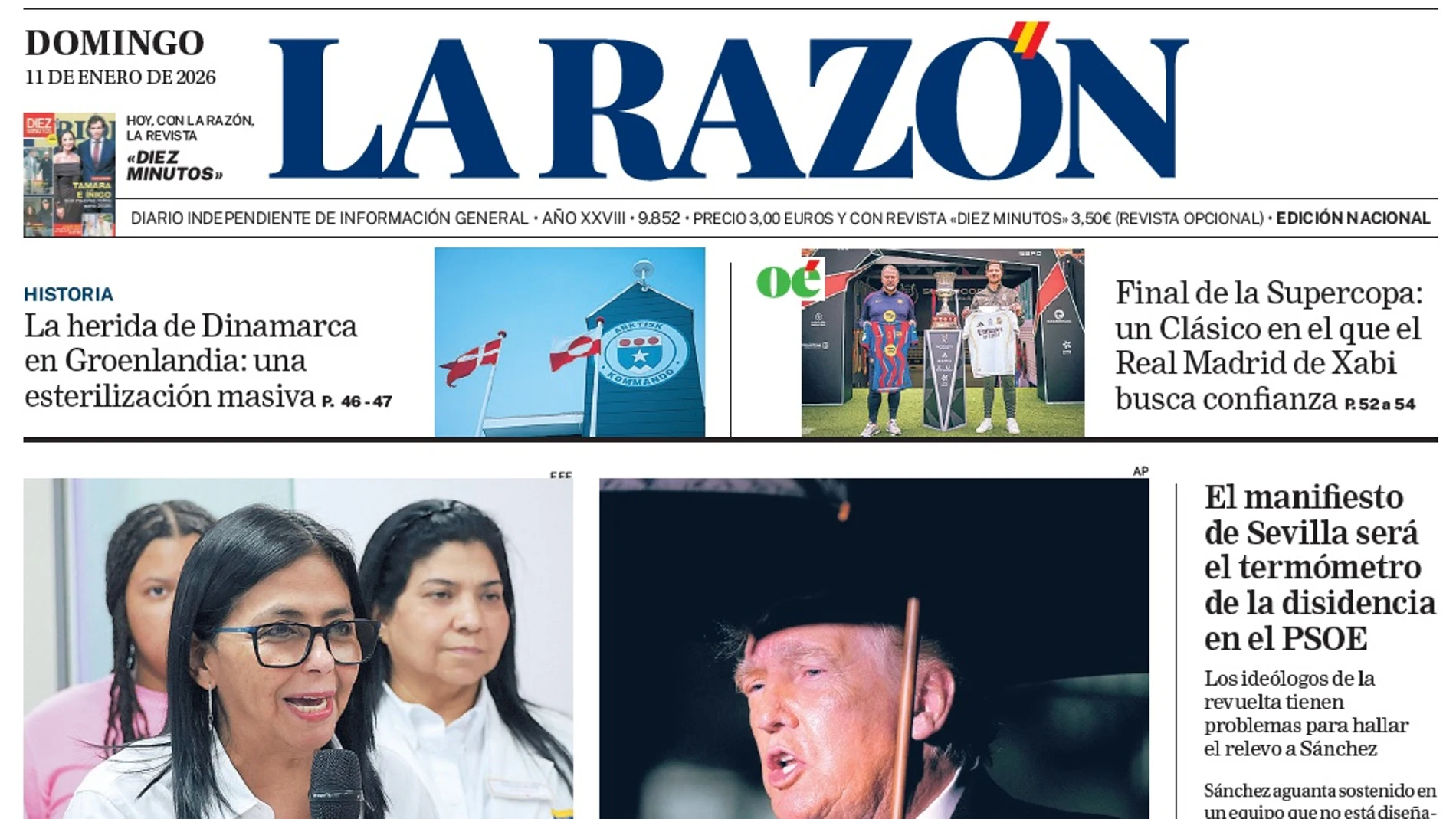 Portada de LA RAZÓN de este domingo 11 de enero de 2026