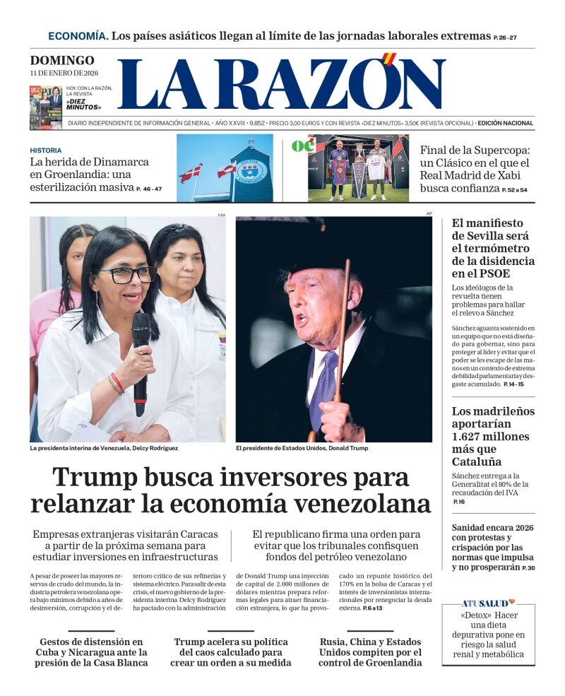 Portada de LA RAZÓN de este domingo 11 de enero de 2026