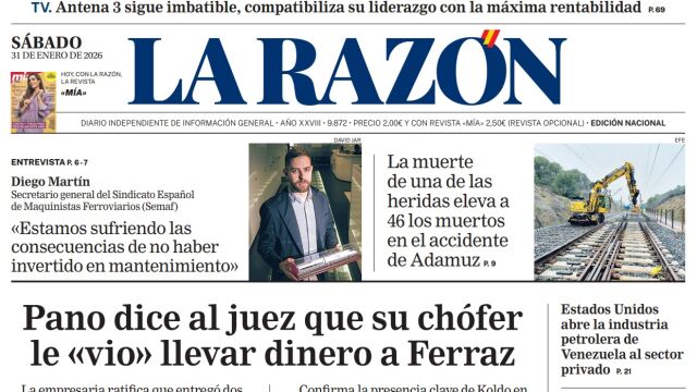Portada de LA RAZÓN de este sábado 31 de enero de 2026 Portada de LA RAZÓN de este sábado 31 de enero de 2026