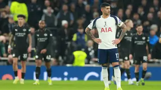 English Premier League - Tottenham Hotspur vs Manchester City London (United Kingdom), 01/02/2026.- Cristian Romero of Tottenham reacts after his team concedes the first goal during the English Premier League match between Tottenham Hotspur and Manchester City in London, Great Britain, 01 February 2026. (Gran Bretaña, Reino Unido, Londres) EFE/EPA/NEIL HALL EDITORIAL USE ONLY. No use with unauthorized audio, video, data, fixture lists, club/league logos, 'live' services or NFTs. Online in-match use limited to 120 images, no video emulation. No use in be...