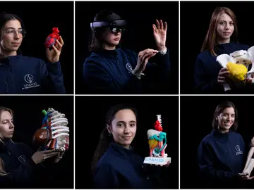 De izda., a dcha.,a y de arriba a abajo, Myriam Rodríguez, Carlota Ortiz, Susana Gómez de los Infantes, Gema Quiñonero, Carla de Gregorio y Estela Gómez, en el Gregorio Marañón UPAM3D, mujeres científicas. © Gonzalo Pérez Mata