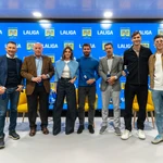 Amaia Salamanca, Maxi Iglesias, Luis Figo y Fernando Llorente en el encuentro de Solán de Cabras en LALIGA