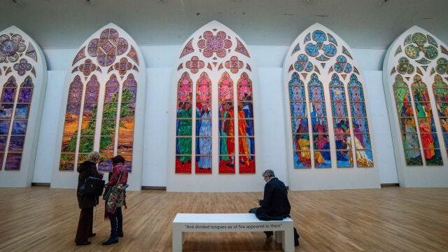 Exhibition D&rsquo;un seul souffle (In One Breath) by Claire Tabouret at Galerie 10.2 of the Grand Palais in Paris, France, on December 8, 2025. For her exhibition D&rsquo;un seul souffle Claire Tabouret takes over Galerie 10.2 by choosing to present the full-size models, sketches and other preparatory works of the six future contemporary stained-glass windows (vitraux) for Notre-Dame Cathedral in Paris (cathedrale Notre-Dame de Paris). 