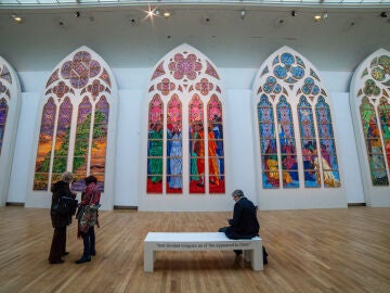 Exhibition D&rsquo;un seul souffle (In One Breath) by Claire Tabouret at Galerie 10.2 of the Grand Palais in Paris, France, on December 8, 2025. For her exhibition D&rsquo;un seul souffle Claire Tabouret takes over Galerie 10.2 by choosing to present the full-size models, sketches and other preparatory works of the six future contemporary stained-glass windows (vitraux) for Notre-Dame Cathedral in Paris (cathedrale Notre-Dame de Paris). 