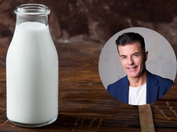 Imagen de una botella con leche entera junto a una caricatura del doctor Manuel Viso