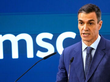 Spain's Prime Minister Pedro Sanchez speaks during a panel discussion at the Munich Security Conference in Munich, Germany, Saturday, Feb. 14, 2026. (AP Photo/Michael Probst)