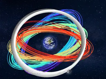 En blanco la órbita LEO, en colores la órbita cislunar Satélites