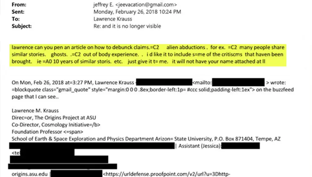 Mail donde Epstein solicita que Krauss desacredite las experiencias extracorpóreas, abducciones e historias de fantasmas