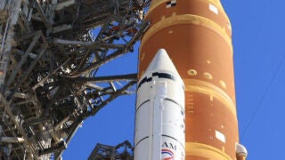 This image provided by NASA shows NASA's moon rocket sits on the pad at Kennedy Space Center in Florida on Thursday, Feb. 19, 2026. (NASA via AP)