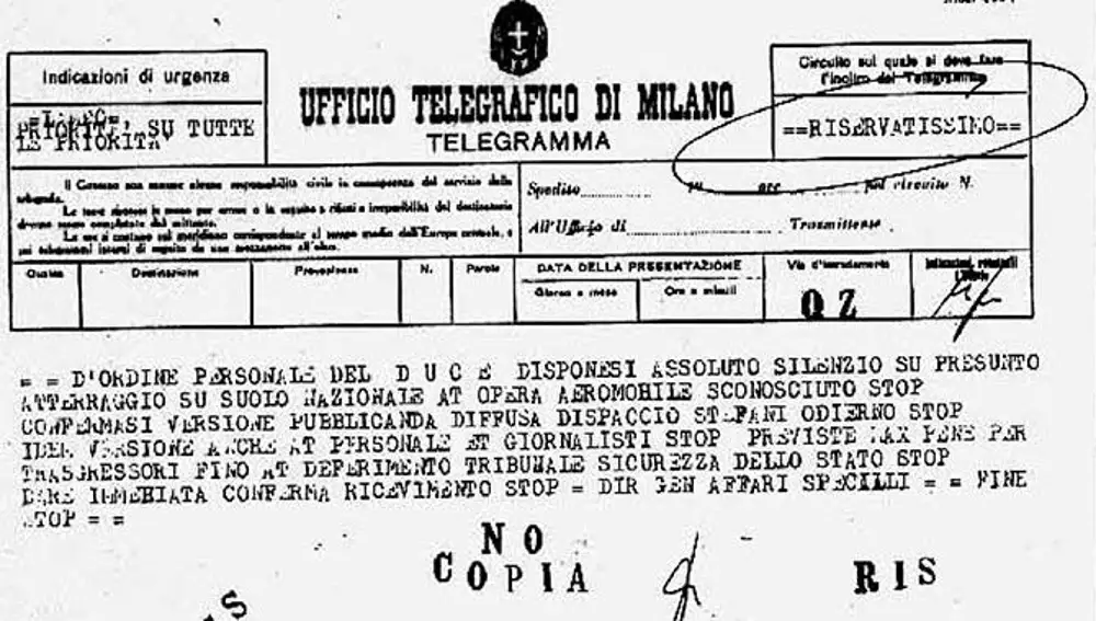 Telegrama con las instrucciones de Mussolini