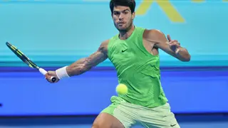 Qatar Open Tennis Spain's Carlos Alcaraz returns to Arthur Fils of France during the final of Qatar Open tennis in Doha, Qatar, Saturday Feb. 21, 2026. (AP Photo/Hussein Sayyed)