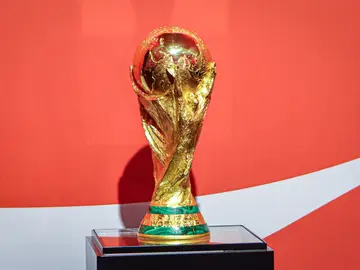 Uruguay recibe el trofeo de la Copa del Mundo de manos del argentino Oscar Ruggeri AME7523. MONTEVIDEO (URUGUAY), 22/02/2026.- Fotografía que muestra el trofeo del Mundial de la FIFA este domingo, en Montevideo (Uruguay). Ruggeri recibió el trofeo del Mundial de la FIFA como parte del tour que lo lleva por diferentes países.EFE/ Gastón Britos