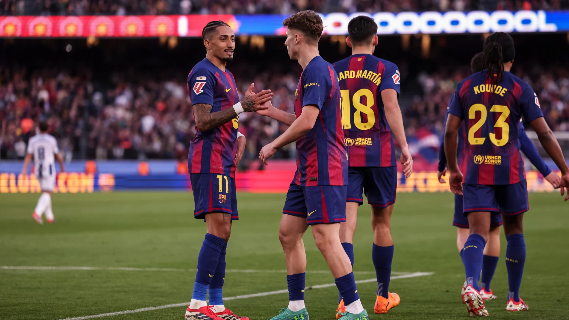 Fermin Lopez of FC Barcelona celebrates a goal with teammates during the Spanish league, LaLiga EA Sports, football match played between FC Barcelona and Levante UD at Spotify Camp Nou stadium on February 22, 2026 in Barcelona, Spain. AFP7 22/02/2026 ONLY FOR USE IN SPAIN
