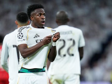 Vinicius Junior of Real Madrid CF celebrates a goal during the UEFA Champions League 2025/26 KO play-offs Second Leg match between Real Madrid and SL Benfica at Bernabeu stadium on February 25, 2026, in Madrid, Spain.AFP7 25/02/2026 ONLY FOR USE IN SPAIN
