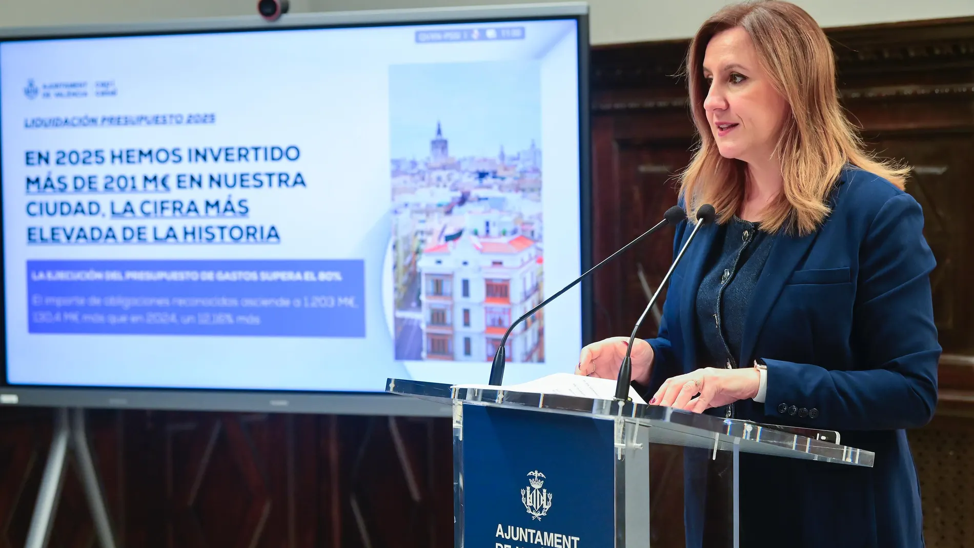 La alcaldesa de Valencia, María José Catalá, durante la presentación de los datos de la liquidación presupuestaria de 2025