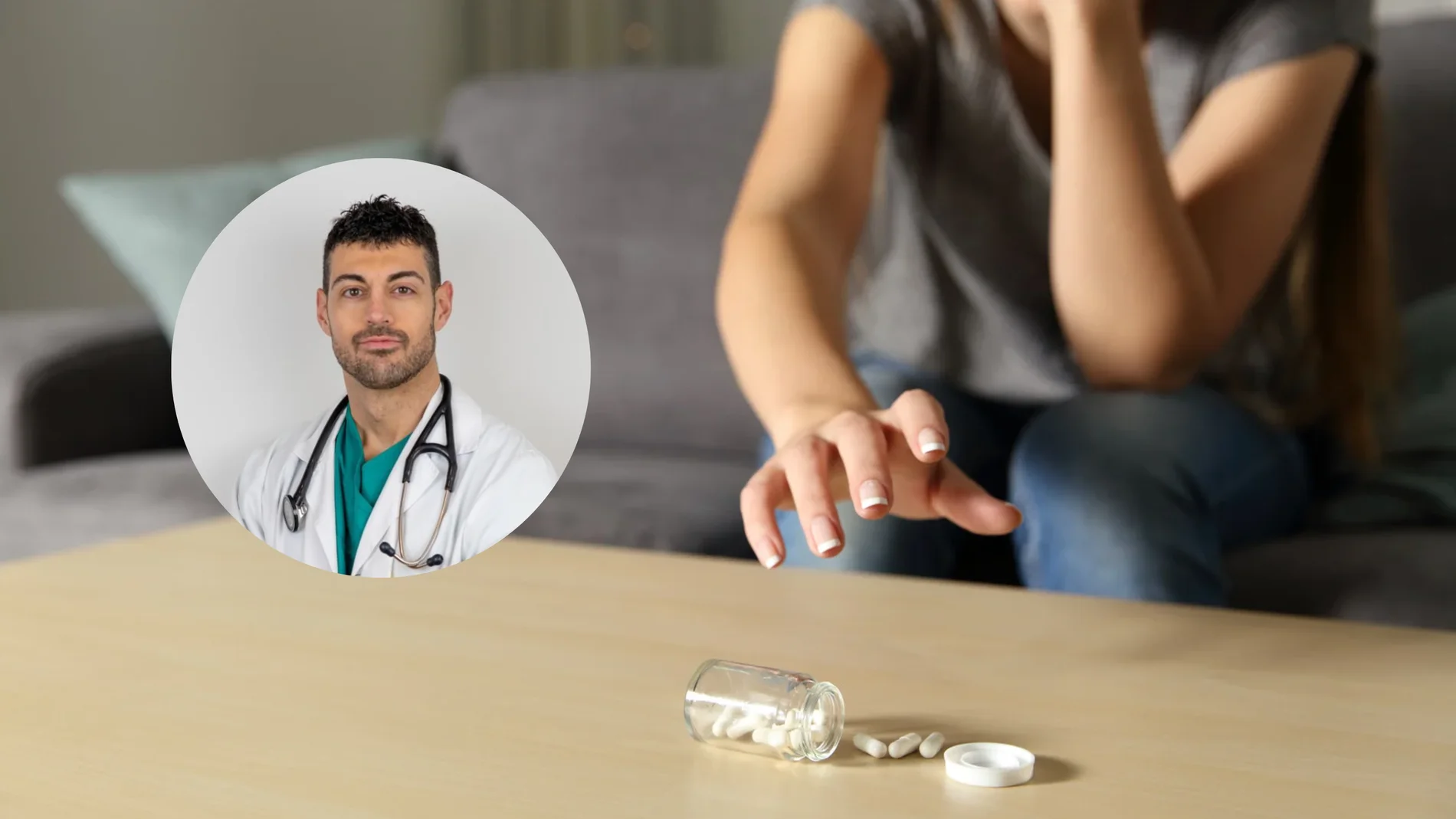 Imagen de José Abellán y de una persona junto a unos antidepresivos