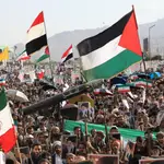 Houthi supporters rally in Sana'a after US-Israeli strikes on Iran