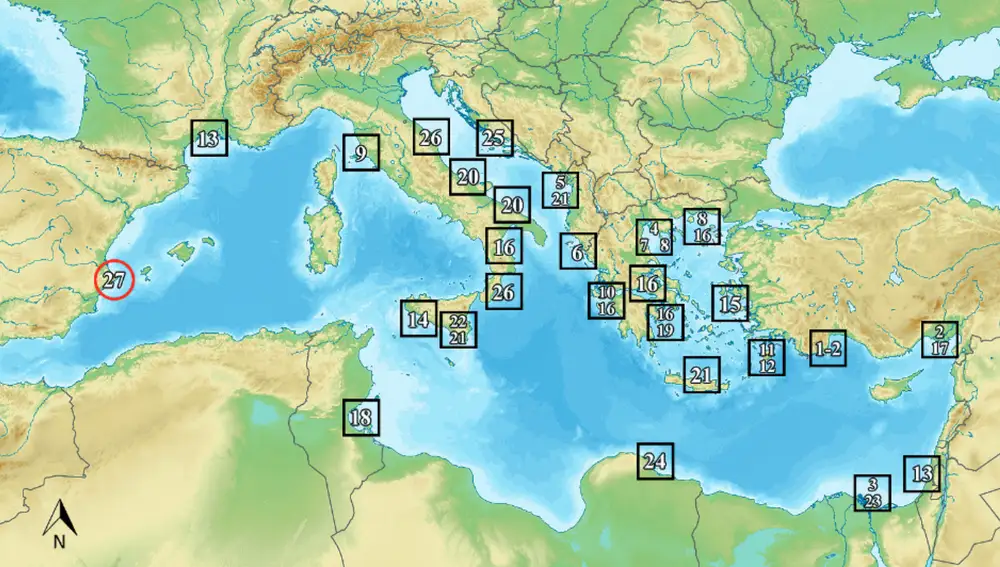 La distribución del langostino café en el Mediterráneo en orden cronológico
