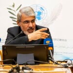 Iranian Ambassador to the UN in Geneva Ali Bahreini gives a press conference