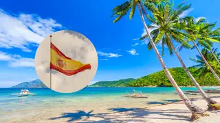 Imagen de una playa de Filipinas y una bandera de España Imagen de una playa de Filipinas y una bandera de España