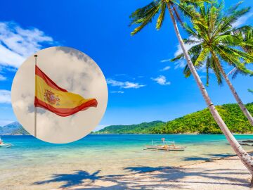 Imagen de una playa de Filipinas y una bandera de Espa&ntilde;a