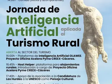 Una jornada empresarial abordará en Plasencia la aplicación de la Inteligencia Artificial al turismo rural Cartel de la jornada sobre Inteligencia Artificial aplicada al turismo rural REMITIDA / HANDOUT por CREEX Fotografía remitida a medios de comunicación exclusivamente para ilustrar la noticia a la que hace referencia la imagen, y citando la procedencia de la imagen en la firma 06/03/2026