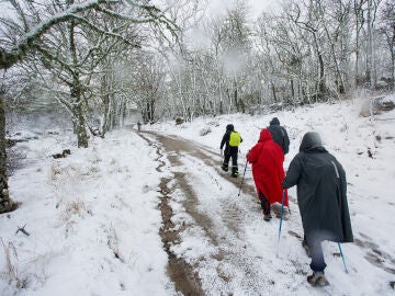 Varios senderistas caminan entre la nieve ca&iacute;da hoy en La Alberca (Salamaca)